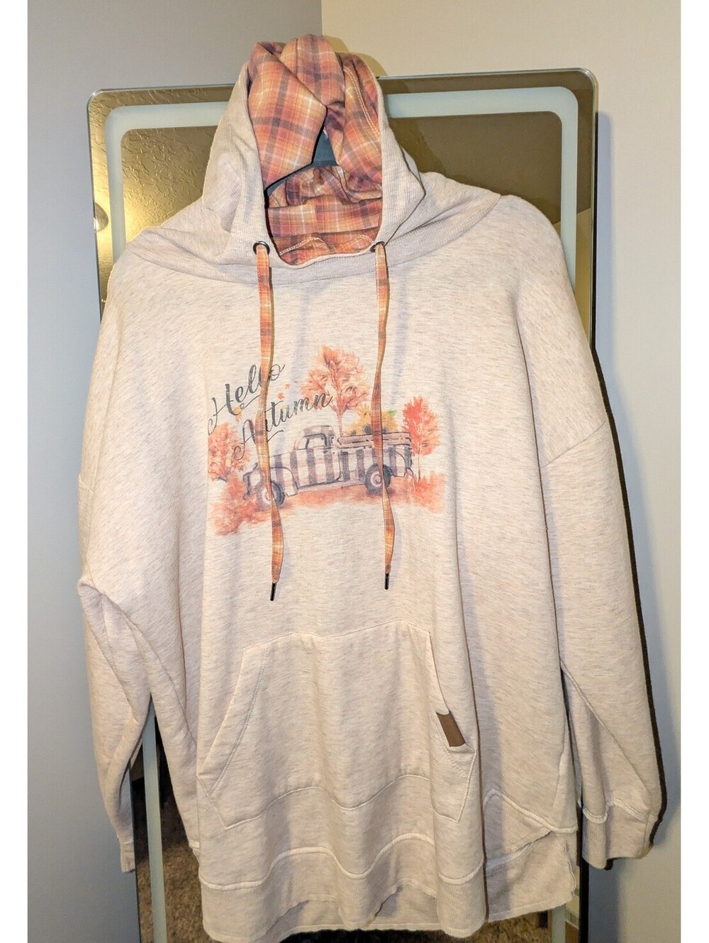 Cozy Light Beige Hello Autumn Hoodie with Plaid-Lined Hood and Vintage Truck Mot